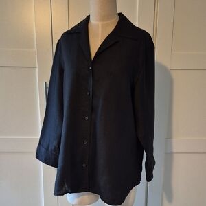 Lauren Ralph Lauren Classic Black Linen Women's Button Up Blouse 3/4 Sleeve Sz L